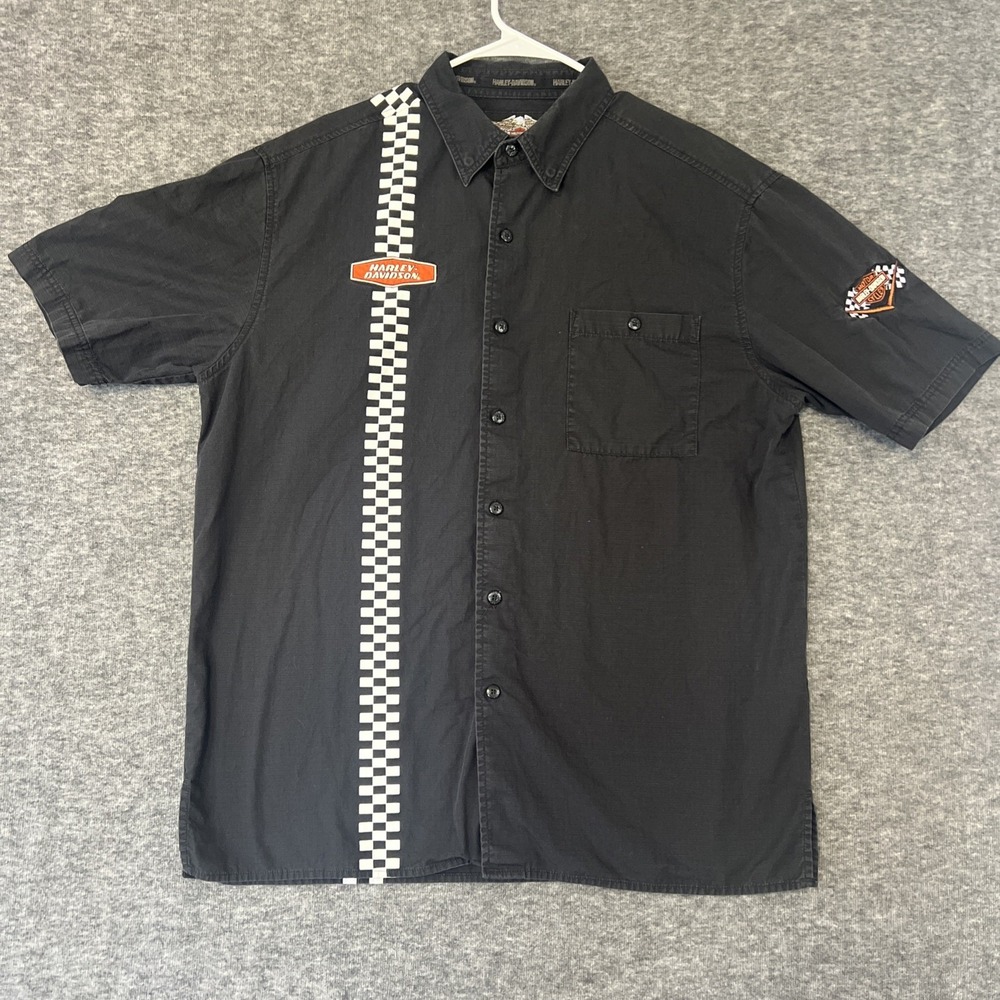 Harley Davidson Mens L Black Ripstop Mechanic Style Button Up Short Sleeve Shirt